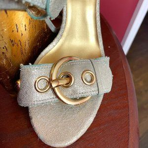 Well - Worn Size 6.5 Zinc Blue and Gold Wedges with Buckle Details